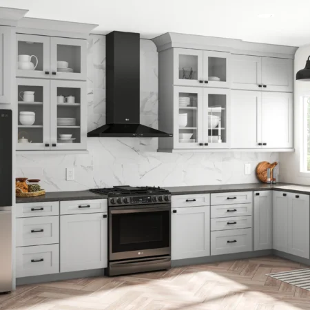 3D render of kitchen cabinets highlighting storage and design.