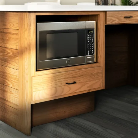 3D render of a built-in microwave in kitchen cabinetry.