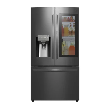 3D render of a high-end refrigerator in a modern kitchen.