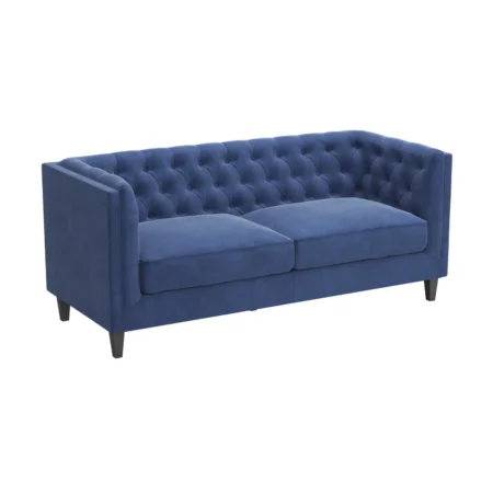 A 3D model of a blue fabric two-seater sofa for home decor.