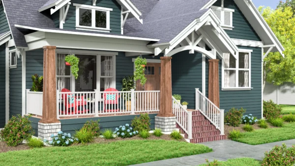 Cozy patio visualized with CGI product rendering of outdoor furniture.