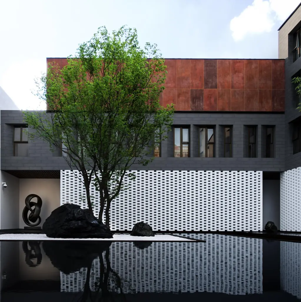 Architectural rendering of a modern courtyard with a central tree, reflective water pool, and textured walls.