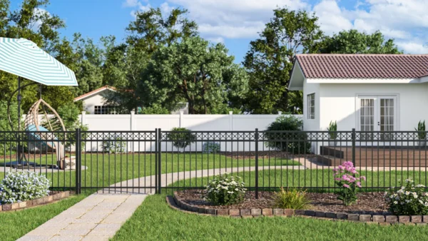 3D building material rendering service displaying poolside fence with deck.