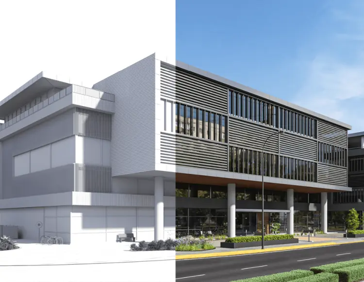 Before and after banner image highlighting construction transformation in building material rendering.
