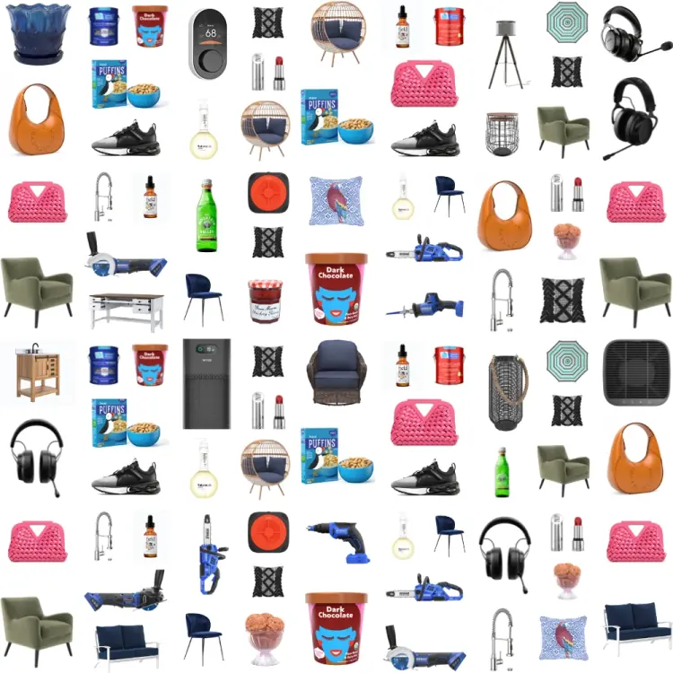 A CGI collage featuring consumer products and furniture models on a white background.