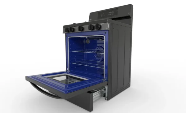 Electric range product render showing the open appliance for consumer electronics.