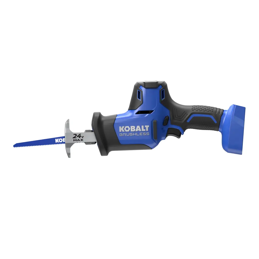 Hardware product rendering of a Kobalt cordless reciprocating saw with an ergonomic blue and black design.