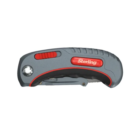 A hardware tools 3D rendering of foldable utility knife with red and grey design used in the hardware industry.