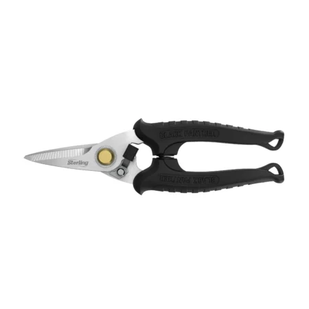 A hardware tools 3D rendering of scissors with black handles and brass accent used in the hardware industry.
