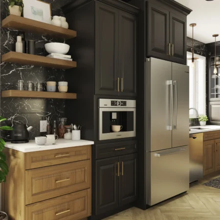 A kitchen with a range presented through 3D product rendering for home appliances.