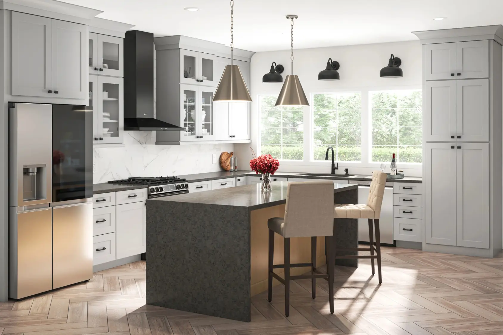 3D render of a modern kitchen with an island and pendant lighting.