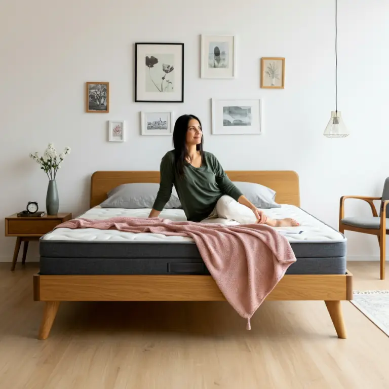 Talent shot of a woman sitting on a bed in a cozy bedroom.
