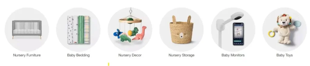 360 shoppable room categories for Target nursery products, including furniture and toys.