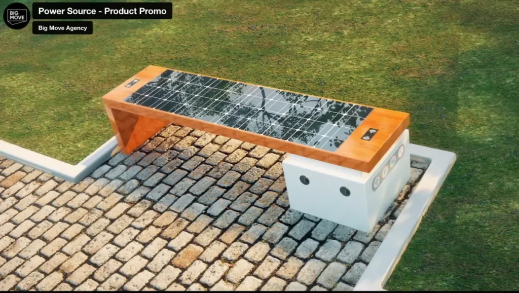 Solar bench rendered with 3D product animation services for the tech sector.