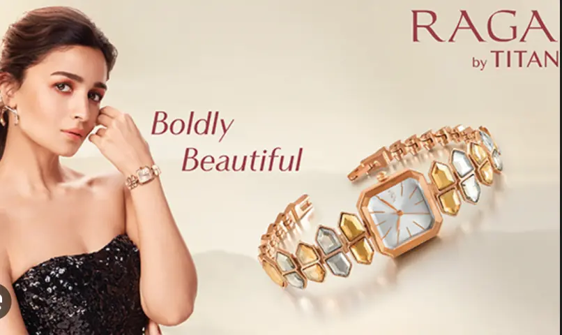 Bold Raga Titan watch design for women in an ad.