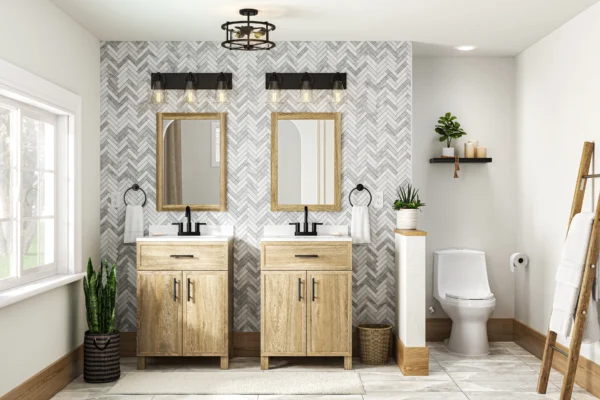 A dual sink bathroom in a 3D rendering.