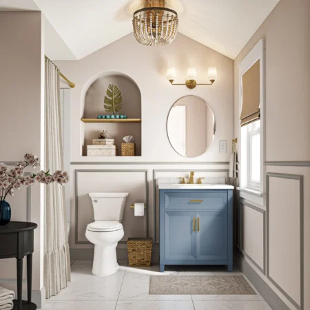 A light theme bathroom in a 3D rendering.