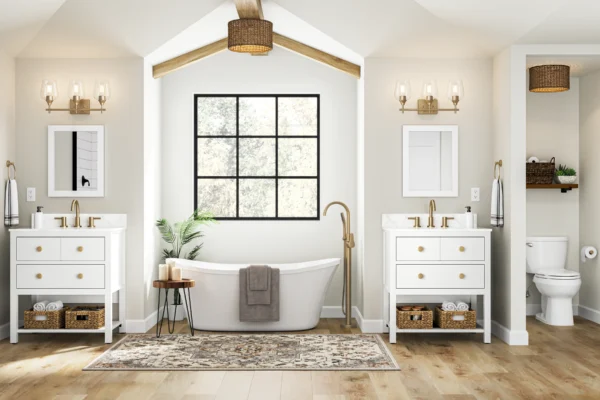 A stone black tile bathroom in a 3D rendering.