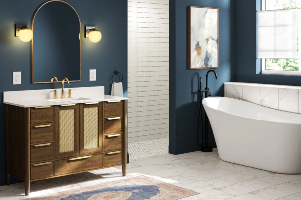 A bathroom with a wooden vanity in a 3D rendering.