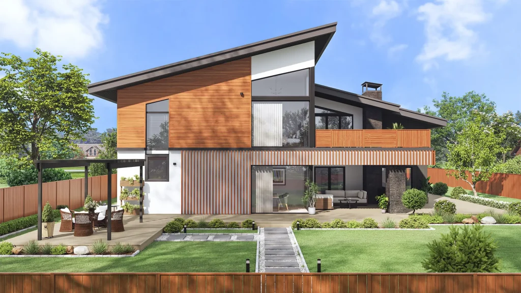 3D exterior rendering of a modern house with wooden accents.