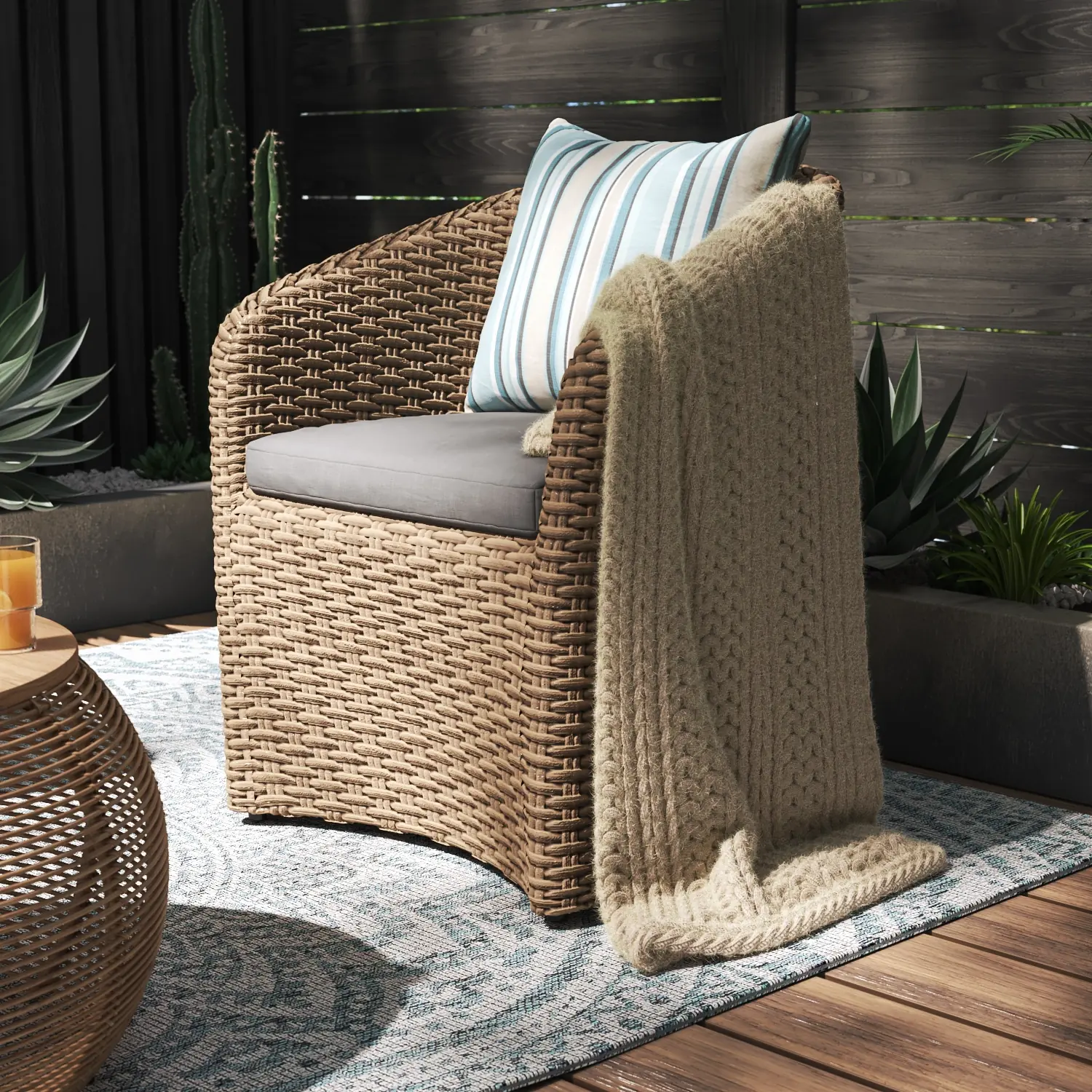 An outdoor chair with a blanket rendered by a 3d furniture rendering company.