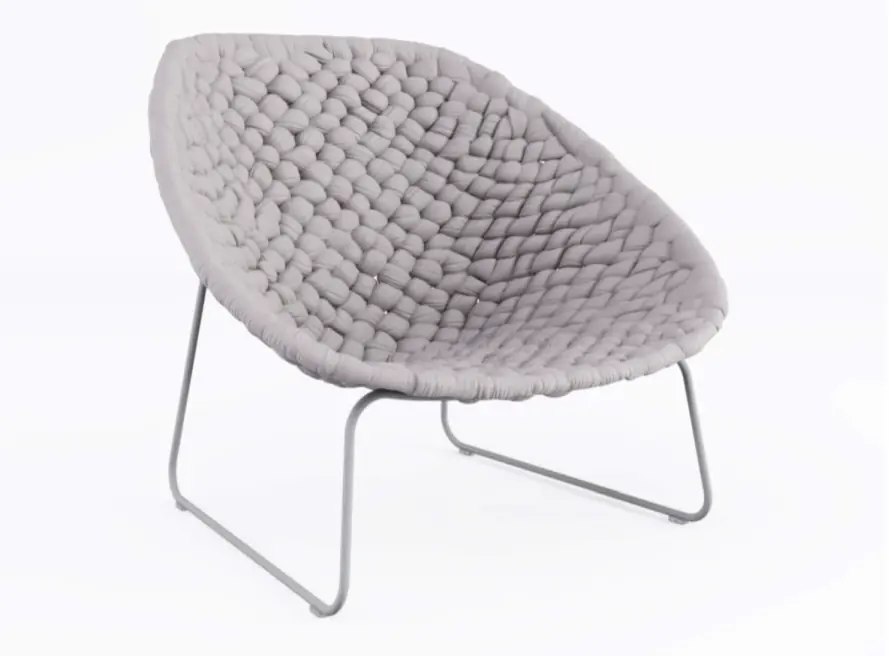 A gray chair with 3D texturing, featuring a knitted look and metallic legs.