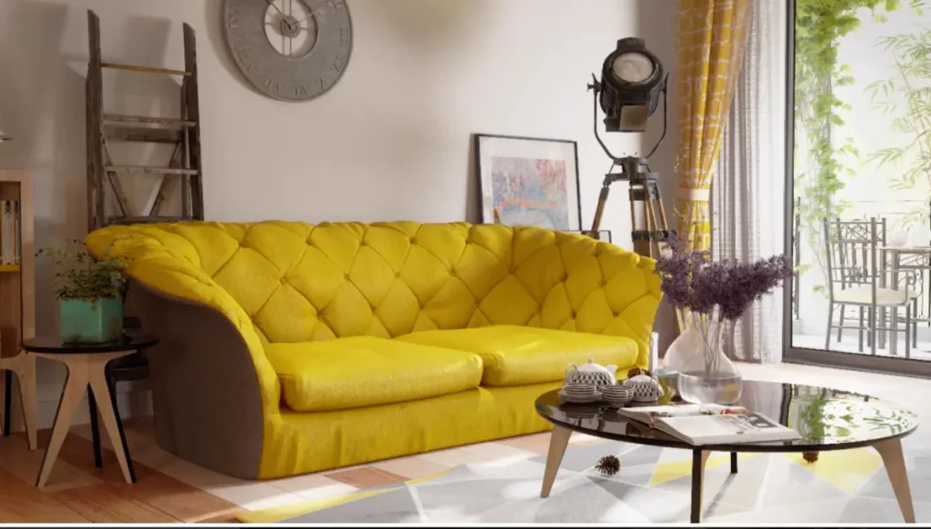 A yellow sofa with plush cushions highlighted through 3D texturing in a living room setup.