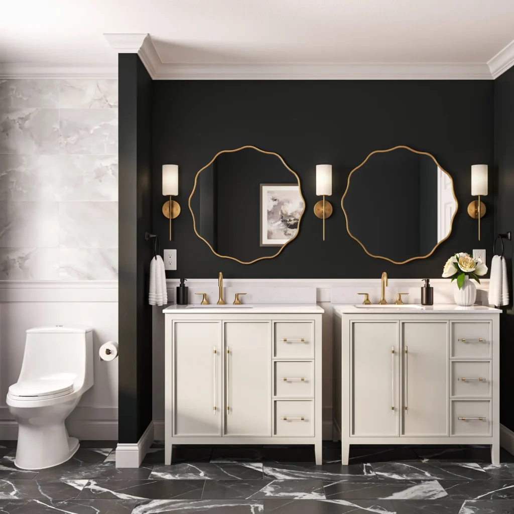 A dual vanity bathroom with black and gold accents in a bath rendering.