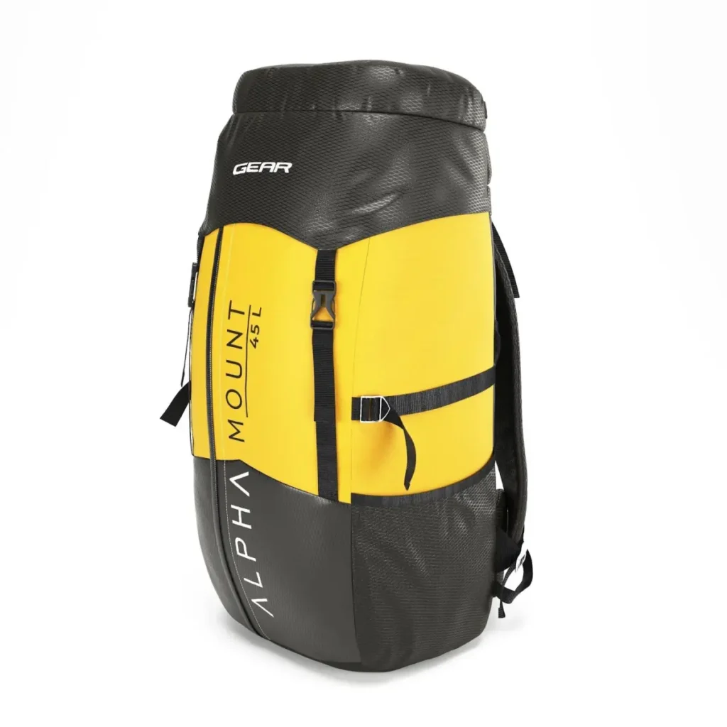 A durable adventure backpack in yellow and black, designed for long outdoor journeys, used in brand lifestyle photography.