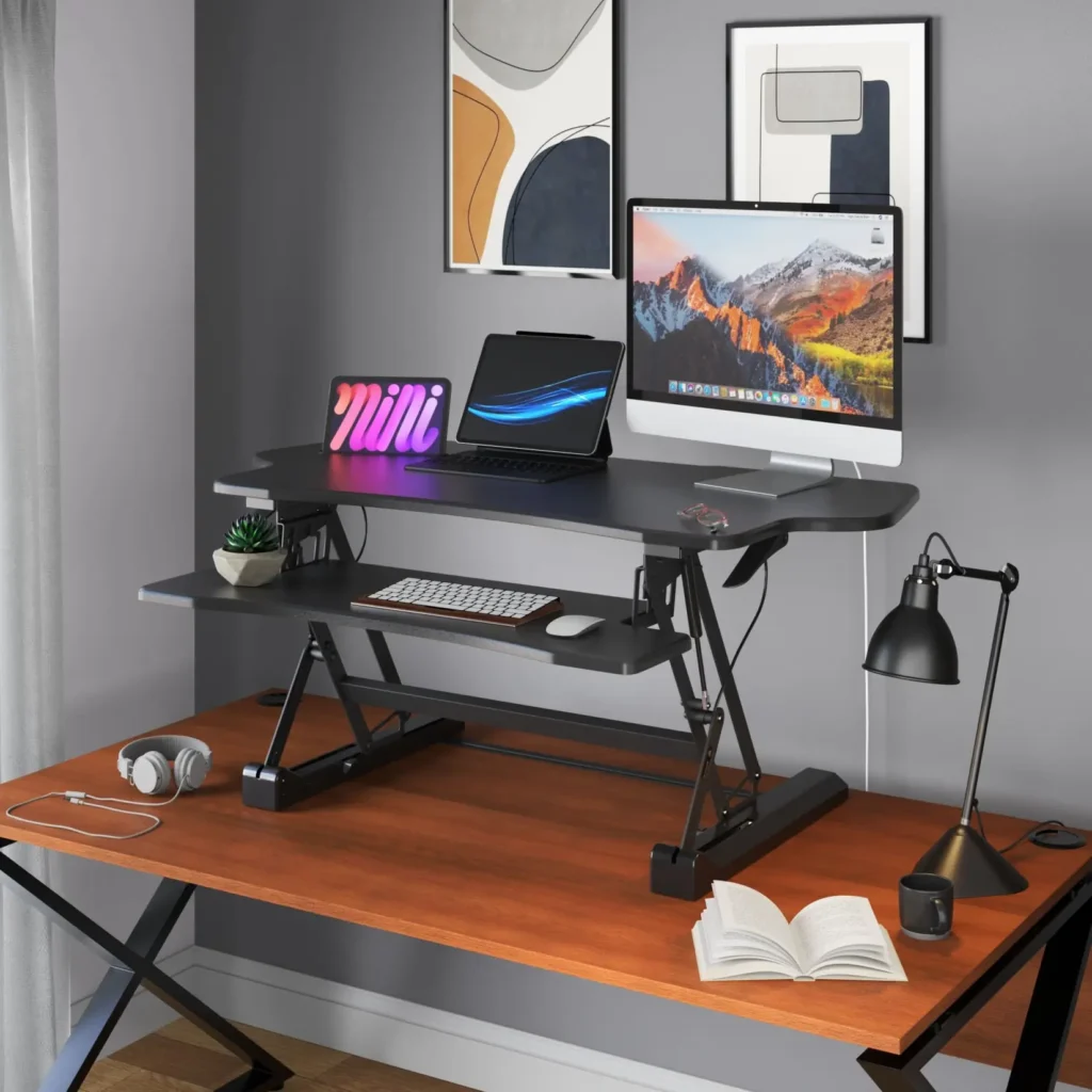 Standing desk ergonomic product visualization with devices.