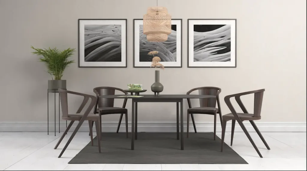 A dining room set modeled for interior design, including chairs and a table.