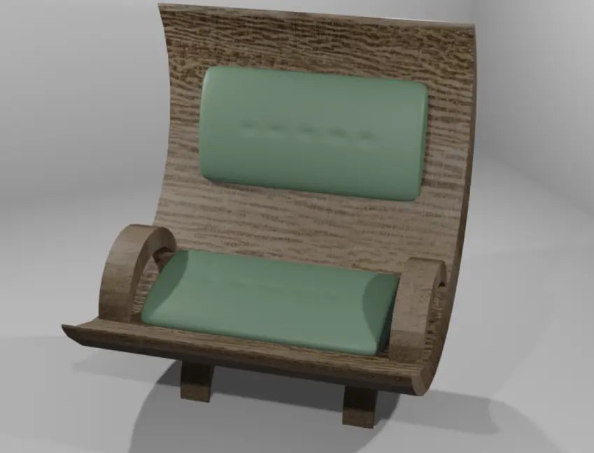 A green seat designed with furniture modeling, showcasing its wooden structure and soft cushions.