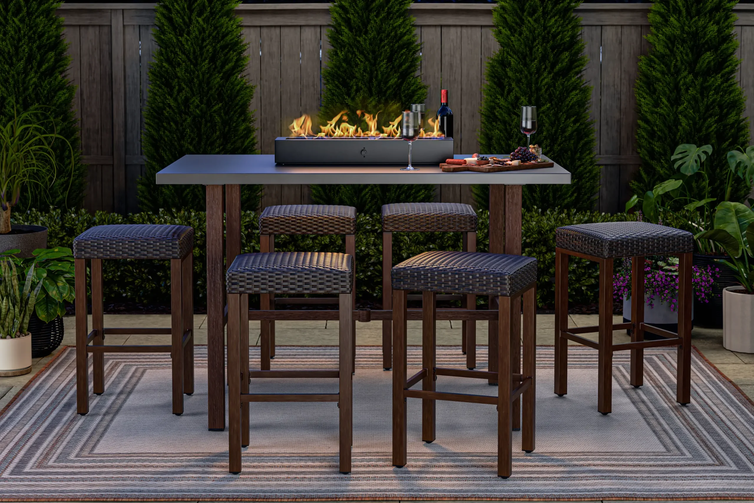 3D rendering of outdoor patio scenery with seating and firepit.