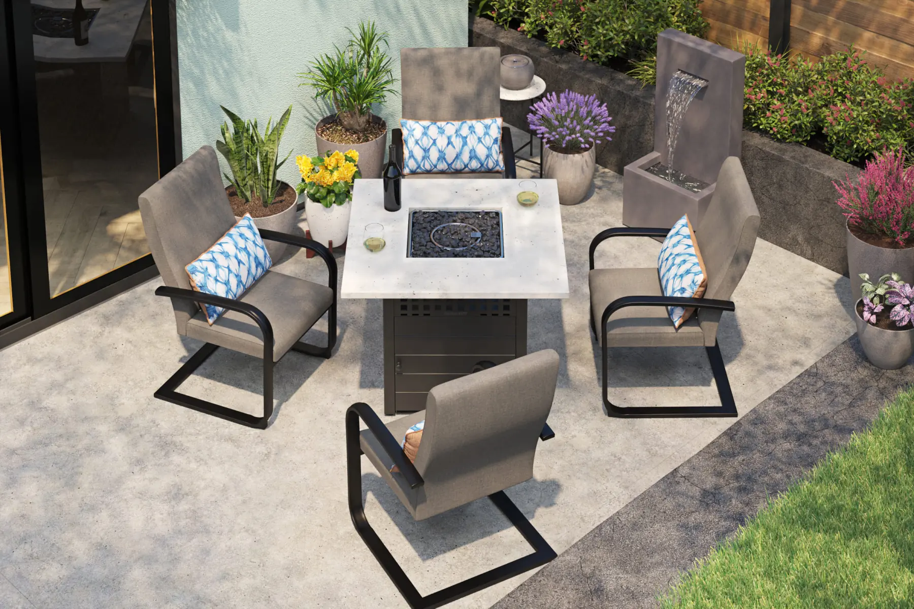 Patio set with firepit in 3D rendered space for outdoor decor.