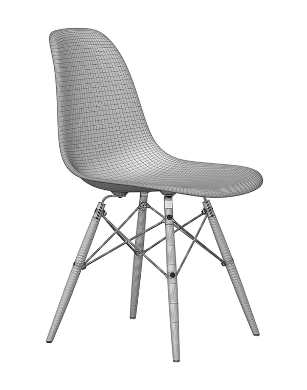 A high-quality wireframe 3D model of an Eames-style chair, showcasing precision modeling in 3D product rendering services.