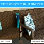 Image demonstrating the difference in quality between a basic low-quality 3D render and an advanced photorealistic product render of patio furniture, highlighting the benefits of photorealistic rendering.