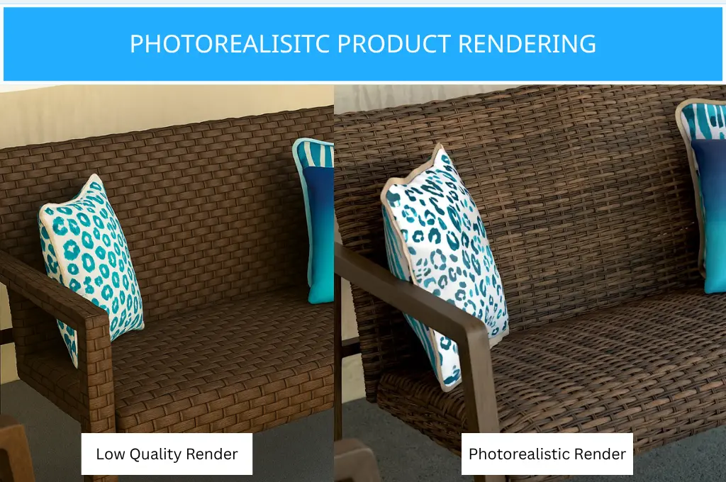 Image demonstrating the difference in quality between a basic low-quality 3D render and an advanced photorealistic product render of patio furniture, highlighting the benefits of photorealistic rendering.