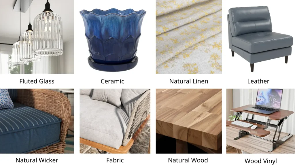 Image displaying a collage of eight different products and textures. These examples include 'Fluted Glass' pendant lights, a 'Ceramic' planter, 'Natural Linen' fabric, a 'Leather' armchair, 'Natural Wicker' furniture, 'Fabric' upholstery, 'Natural Wood' tabletop, and a 'Wood Vinyl' desk, demonstrating versatility in rendering diverse materials realistically