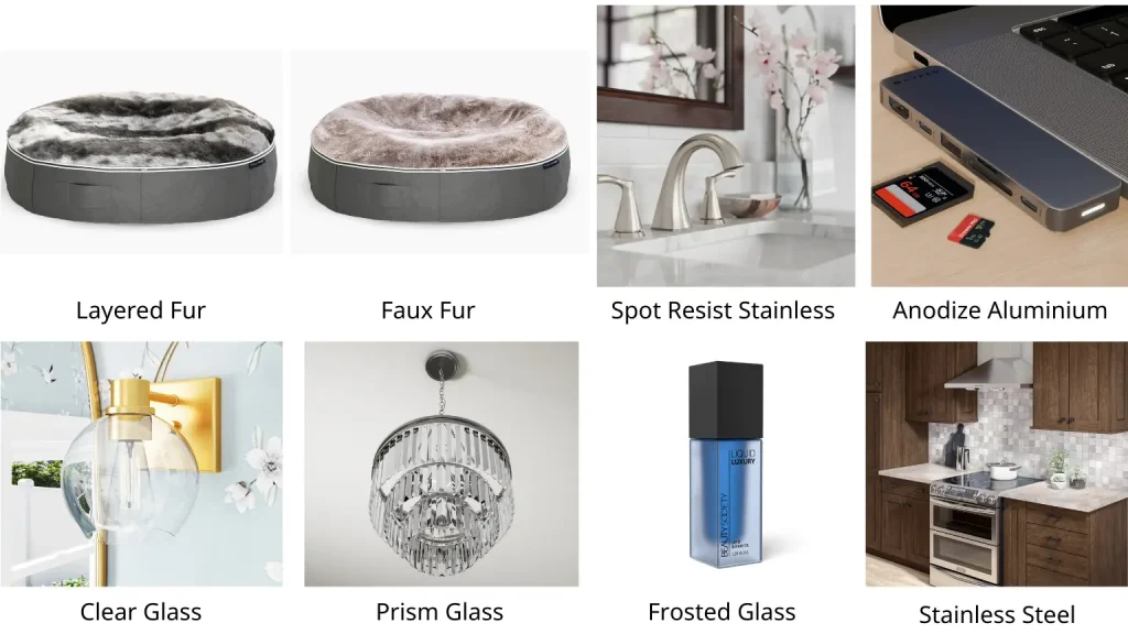 A gallery of eight distinct material renderings. Examples include 'Layered Fur' and 'Faux Fur' on pet beds, 'Spot Resist Stainless' for fixtures, 'Anodized Aluminum' for electronics, 'Clear Glass,' 'Prism Glass,' and 'Frosted Glass' for lighting and products, and 'Stainless Steel' in a kitchen scene, showcasing specialized expertise in diverse and complex material representation