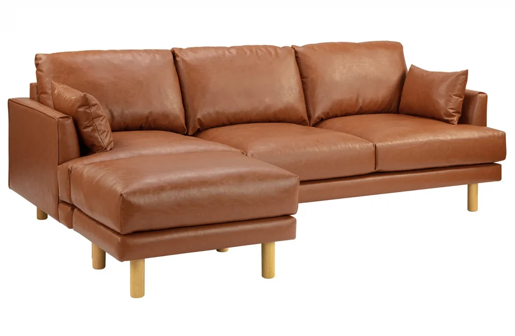 A brown leather sectional sofa presented as an example of a high-quality photorealistic product rendering, showcasing details like texture, lighting, and material accuracy
