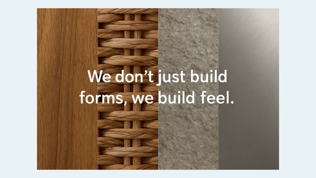 Image conveying the message 'We don't just build forms, we build feel.' by showcasing four distinct, realistic textures side-by-side: wood grain, woven wicker, stone, and brushed metal. This visually emphasizes the ability to represent the tactile sensation and essence of materials, going beyond mere physical shape.